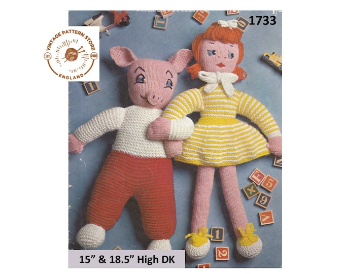 70s vintage retro fun quick and easy to knit DK cuddly toy 15" high pig piglet and 18.5" high doll pdf knitting pattern PDF Download 1733