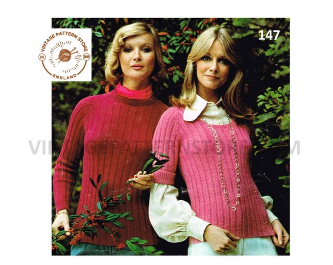 Womens Ladies 70s vintage round or scoop neck rib ribbed 4 ply raglan sweater jumper pdf knitting pattern 32" to 42" Instant Download 147