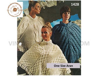 Patrón de tejido de poncho Aran vintage de los años 70: Diseño de cable con flecos para mujer (Descargar PDF)