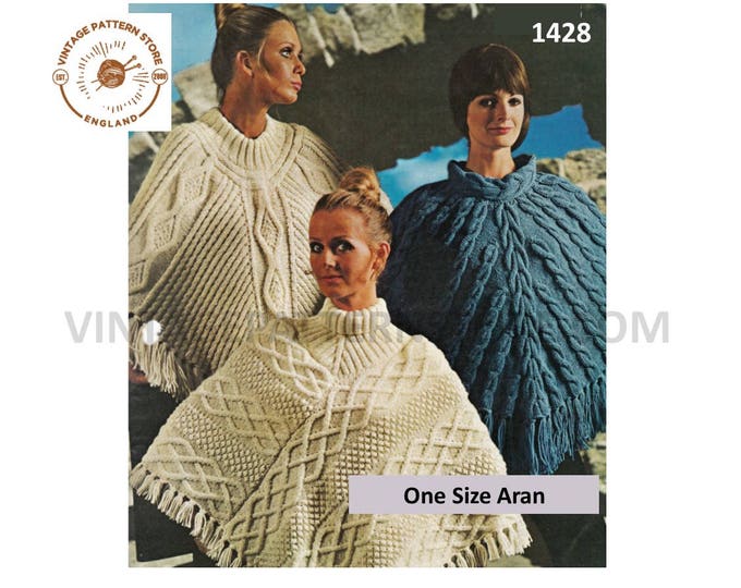 Ladies Womens 70s vintage round or polo neck turtleneck cable cabled fringed aran poncho pdf knitting pattern One Size PDF download 1428