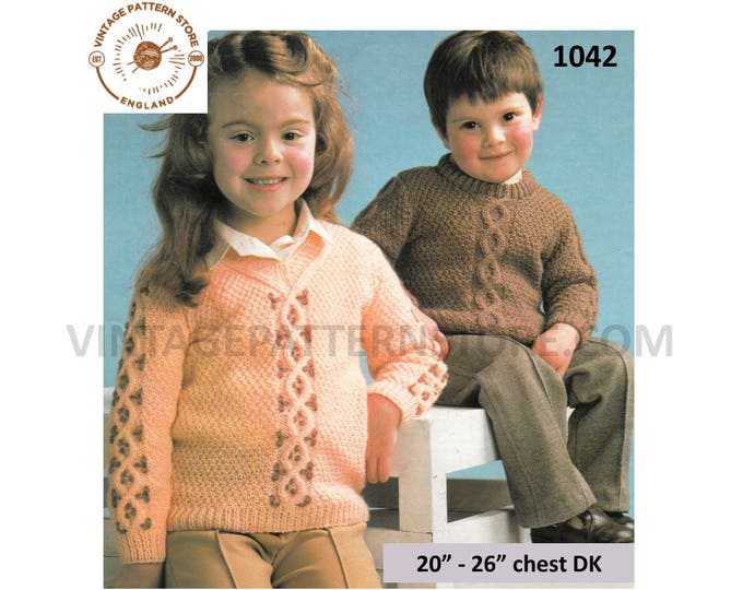 Toddlers Boys Girls 80s V or round neck cable panel cabled textured DK raglan sweater jumper pdf knitting pattern 22" to 26" download 1042