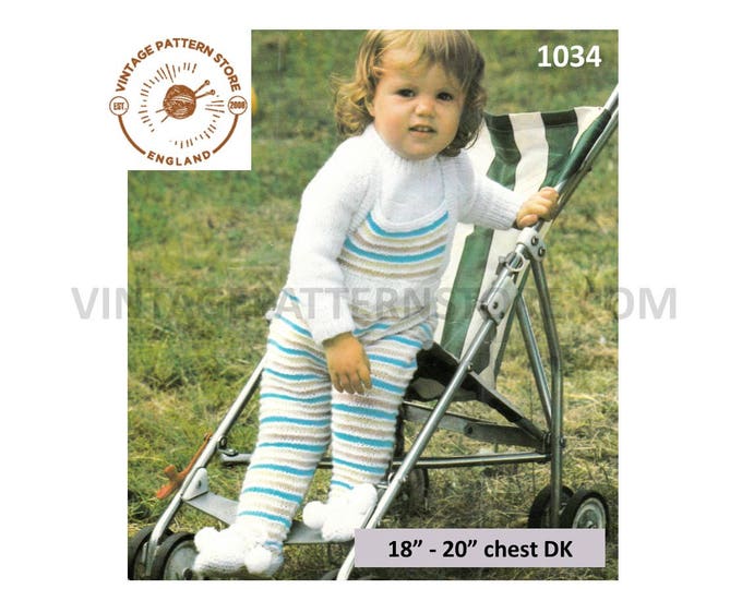 Baby Babies Toddler 70s vintage DK crew neck raglan sweater jumper & striped dungarees pdf knitting pattern 18" to 20" chest Download 1034