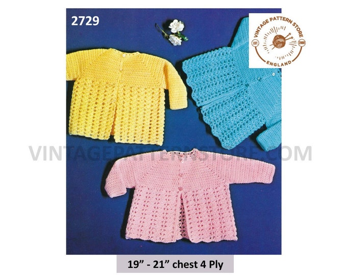 Baby Babies 80s vintage 4 ply round neck lacy matinee coat jacket pdf crochet pattern 3 designs to crochet 19" to 21" PDF download 2729