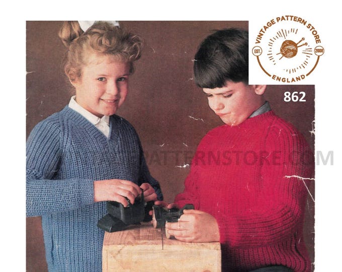 Boys Girls 60s plain and simple easy to knit V or round neck raglan DK sweater jumper pdf knitting pattern 28" to 32" chest PDF download 862