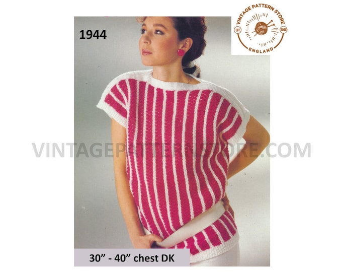 Ladies Womens 90s DK slash neck cap sleeve sideways knitted slipover sweater vest Summer top pdf knitting pattern 30" to 40" Download 1944