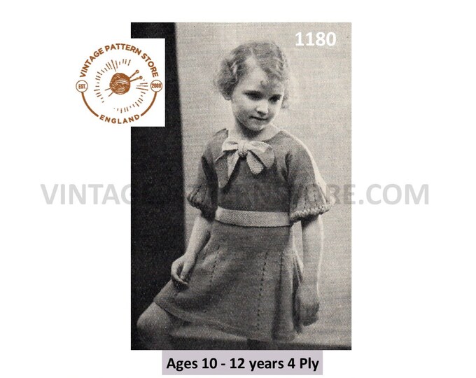 Girls 30s vintage 4 ply round neck bow front short sleeve raglan party dress pdf knitting pattern ages 10 to 12 years Instant Download 1180