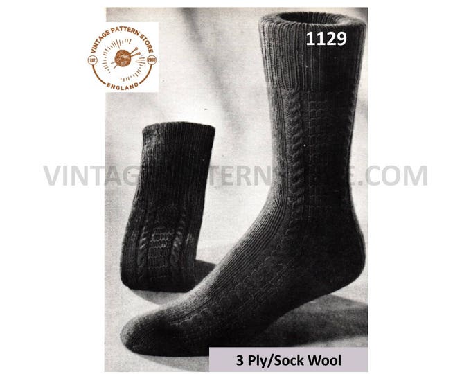 Mens Mans 50s vintage cable 3 ply socks pdf knitting pattern Instant PDF download 1129