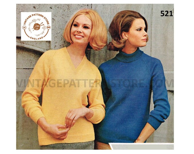 Ladies Womens 70s vintage easy to knit V polo or turtle neck 4 ply raglan sweater jumper pdf knitting pattern 32" to 42" PDF download 521