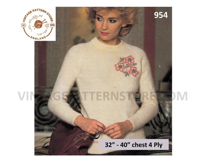Ladies Womens 80s vintage 4 ply round neck easy to knit raglan sweater jumper pdf knitting pattern 32" to 40" chest Instant PDF download 954