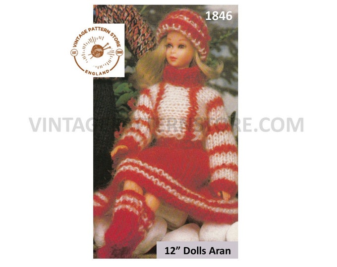 80s vintage 12" fashion Dolls Barbie Sindy clothes aran sweater skirt hat and boots pdf knitting pattern Instant PDF download 1846