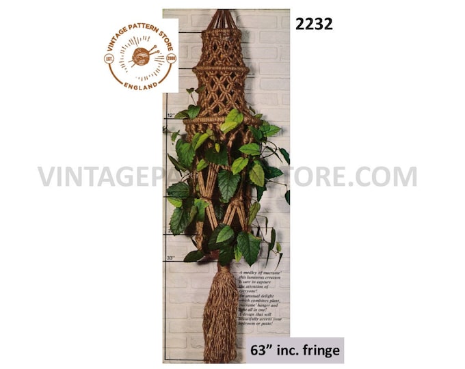 70s vintage macrame plant hanger pdf macrame pattern, 70s vintage retro Indoor garden gardening 63" long Instant PDF download 2232