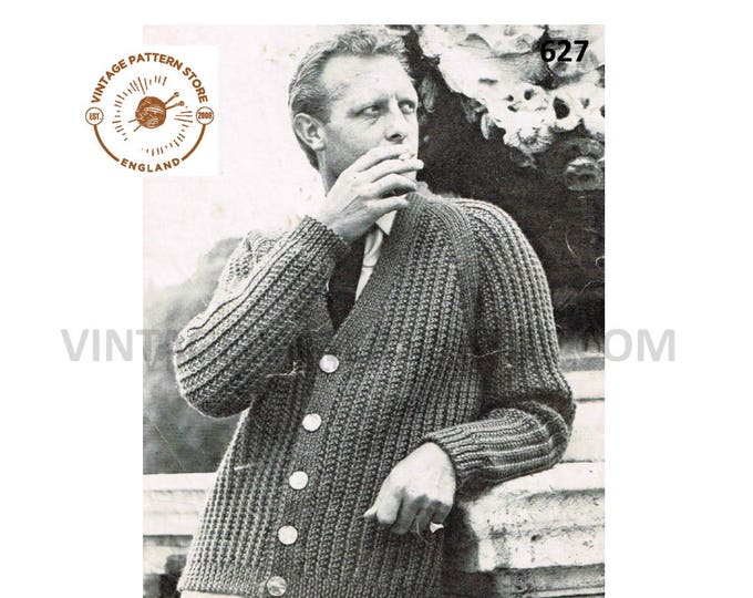 Mens Mans 50s vintage plain & simple easy to knit DDK V neck ribbed raglan cardigan pdf knitting pattern 36" to 44" chest PDF download 627