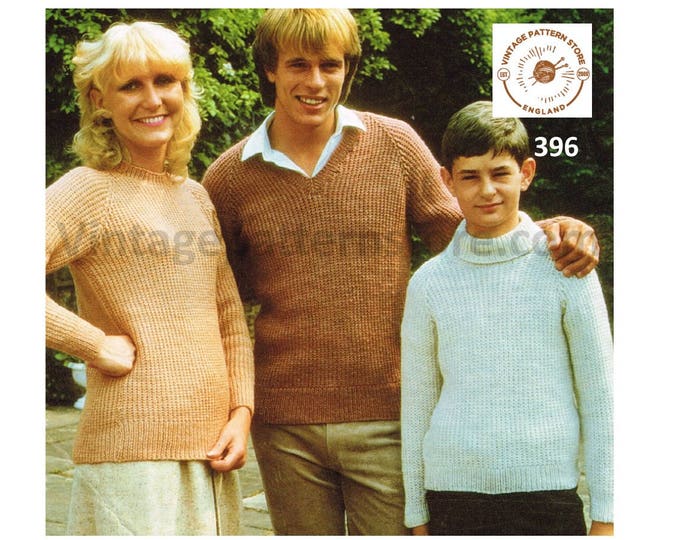 Ladies Womens Mens Girls Boys 80s family easy to knit V round or polo neck raglan DK sweater pdf knitting pattern 24" to 42" download 396