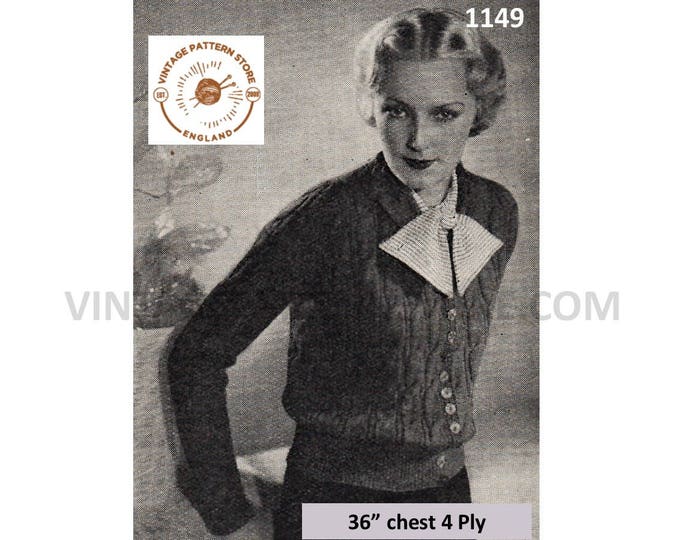 Ladies Womens 30s vintage 4 ply round neck collared cable cabled raglan cardigan pdf knitting pattern 36" chest Instant PDF download 1149