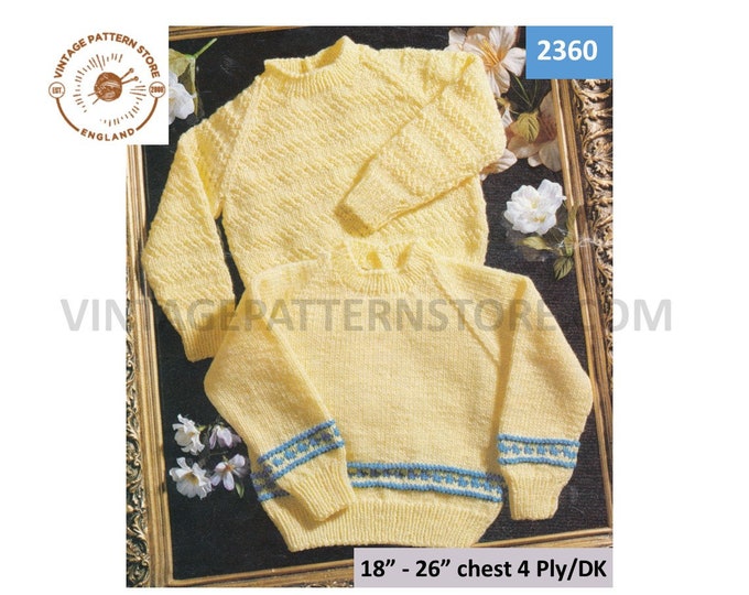 Baby Babies Toddlers 80s vintage DK or 4 ply round neck textured & striped hem sweater jumper pdf knitting pattern 18" to 26" Download 2360