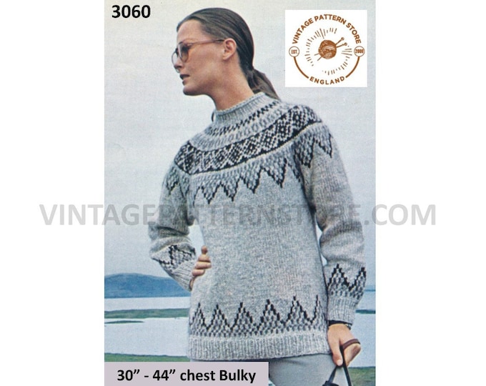 Ladies Womens 80s vintage bulky knit crew neck fair isle yoke yoked raglan sweater jumper pdf knitting pattern 34" to 44" Download 3060