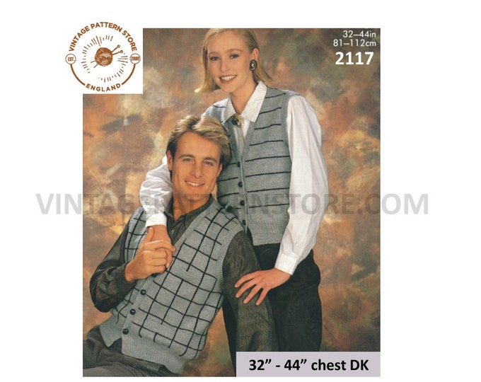 Ladies Womens Mens 90s V neck check or striped DK waistcoat pdf knitting pattern 32" to 44" chest Instant PDF Download 2117