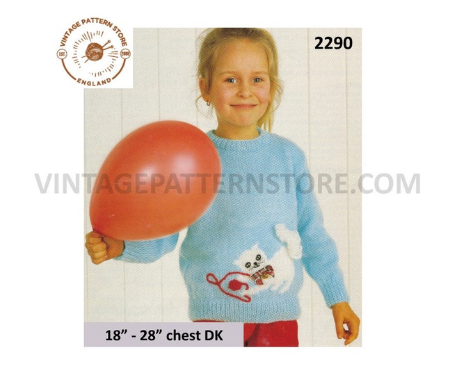 Girls Toddlers 80s vintage round neck intarsia cat kitten raglan DK sweater jumper pdf knitting pattern 18" to 28" chest PDF download 2290