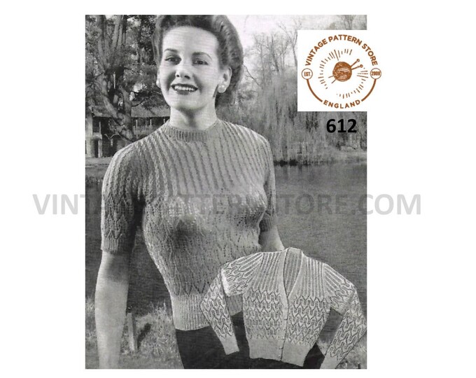 Ladies Womens 50s vintage cable yoke cabled lacy sweater jumper cardigan twin set pdf knitting pattern 35" to 37" chest Instant download 612