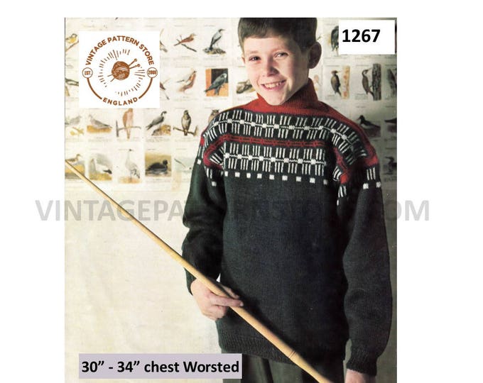 Boys 60s vintage worsted polo neck drop shoulder fair isle yoke yoked raglan sweater jumper pdf knitting pattern 30" to 34" Download 1267