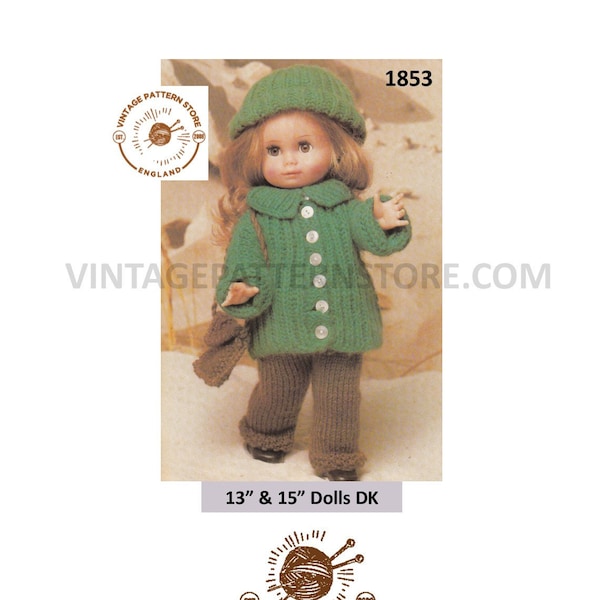 80s Vintage 13" 15" DK Dolls clothes trouser suit jacket shoulder bag cap hat pdf knitting pattern Instant PDF download 1853