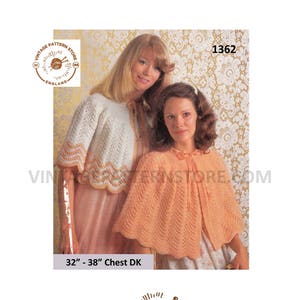 Ladies Womens 70s vintage lacy round neck DK ribbon bed jacket and bed cape pdf knitting pattern 32&quot; to 38&quot; chest Instant PDF Download 1362