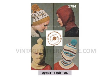 Ladies Womens Mens Boys Girls 60s vintage DK face mask balaclava gimp mask and fair isle hat cap pdf knitting pattern Instant Download 1784