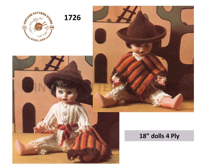 70s vintage 18" 4 ply Mexican dolls clothes sombrero hat poncho trousers and jacket pdf knitting pattern Instant PDF download 1726