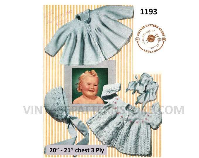 Baby Babies vintage 3 ply round neck lacy & plain raglan matinee coat jacket bonnet mittens pdf knitting pattern 20" to 21" Download 1193