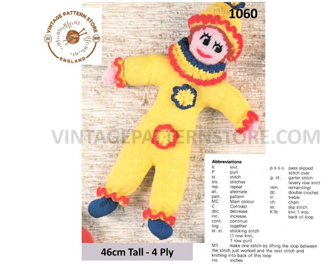 80s vintage DK cuddly toy harlequin clown pdf knitting & crochet pattern 18" high Instant PDF download 1060