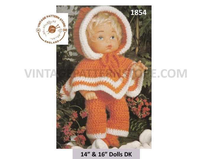 80s vintage 14" 16" DK dolls clothes hooded poncho trousers and shoes pdf knitting pattern Instant PDF download 1854