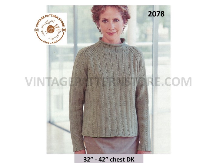 Ladies Womens 90s funnel neck cable cabled DK raglan sweater jumper pullover pdf knitting pattern 32" to 42" chest instant PDF download 2078