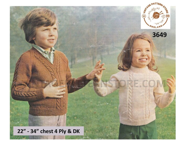 Girls Boys 70s vintage V or crew neck cable cabled raglan DK or 4 ply sweater jumper pdf knitting pattern 22" to 34" Instant download 3649