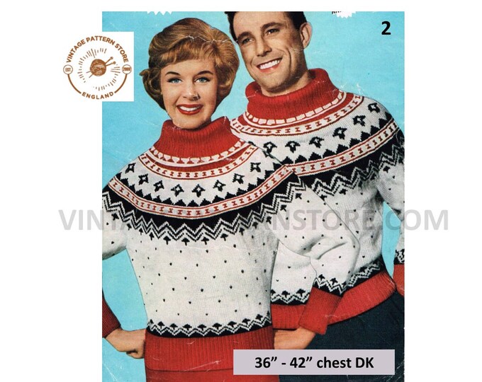Ladies Womens Mens 50s vintage polo neck fair isle yoke yoked DK dolman Christmas sweater jumper pdf knitting pattern 36" to 42" Download 2