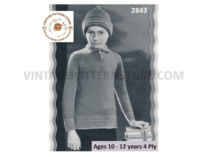 Boys 30s vintage 4 ply shirt neck collared striped hem raglan sweater jumper & cap hat pdf knitting pattern Age 10 to 12 years Download 2843