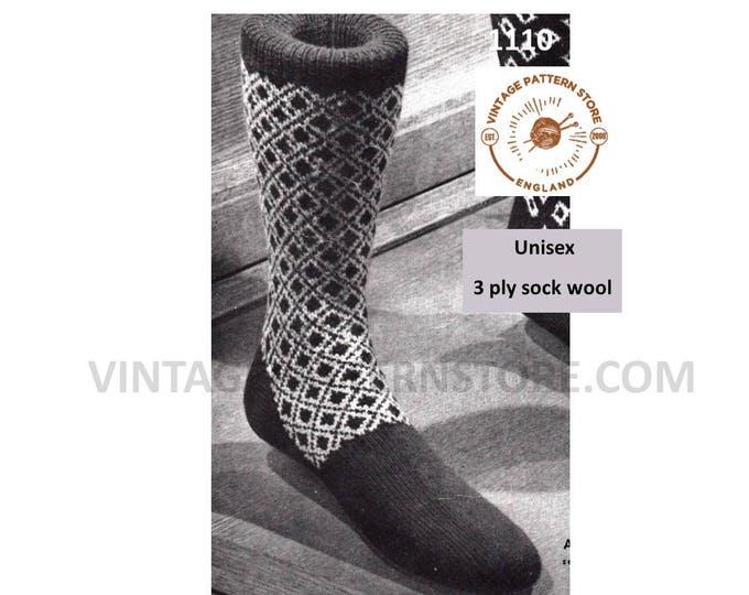 Ladies mens socks knitting pattern, diamond fair isle patterned socks pattern, 3 ply socks pattern - PDF download 1110