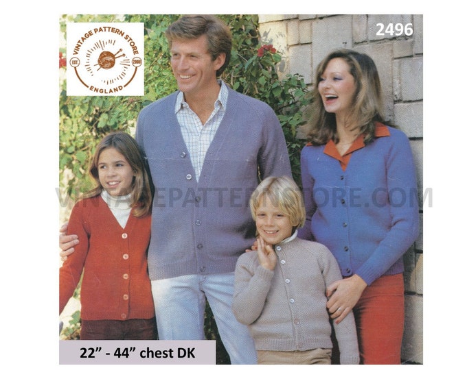 Family Ladies Womens Mens Boys Girls 90s easy to knit V or round neck DK raglan cardigan pdf knitting pattern 22" to 44" chest Download 2496