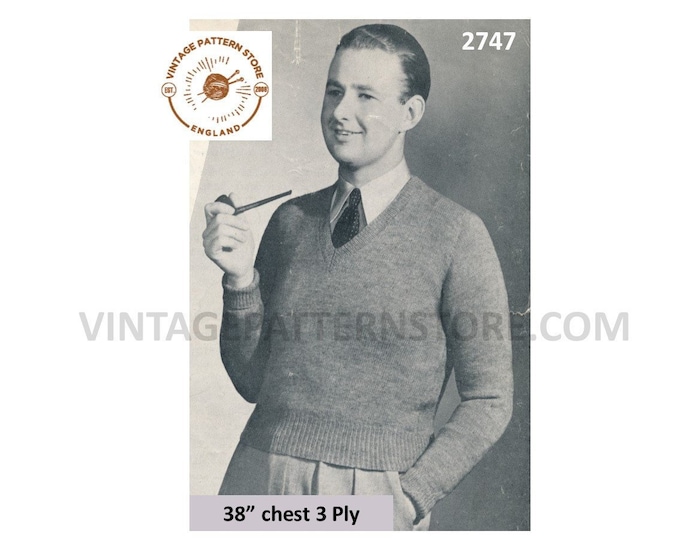 Mens Mans 30s vintage quick simple and easy to knit 3 ply V neck raglan sweater jumper pdf knitting pattern 38" chest Instant download 2747