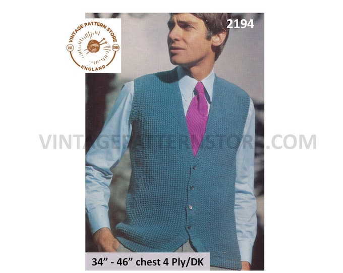 Mens Mans 80s vintage plain and simple easy to knit 4 ply or DK waistcoat knitting pattern 34" to 46" Instant PDF download 2194