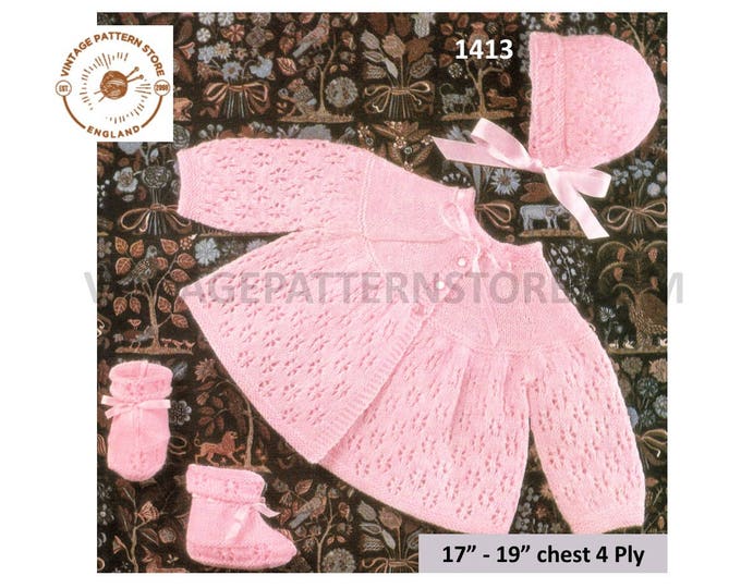 Baby Babies 70s 4 ply round neck eyelet lace lacy matinee coat jacket booties & bonnet pdf knitting pattern 17" to 19" PDF download 1413