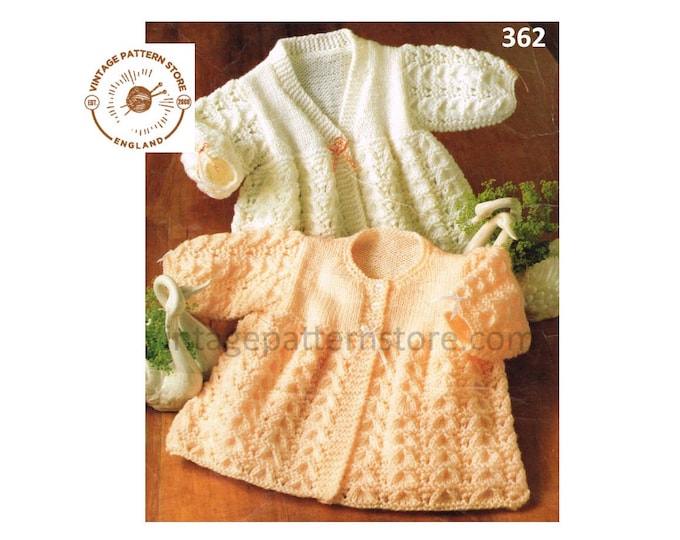 Premature Preemie Baby Babies 90s DK V or round neck cable cabled raglan matinee coat jacket pdf knitting pattern 14" to 18" download 362