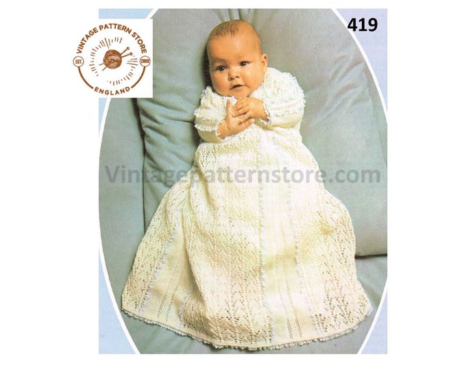 Baby Babies 3 ply Arrowhead lace lacy Victorian long sleeve Christening dress gown pdf knitting pattern to 6 mths Instant PDF download 419