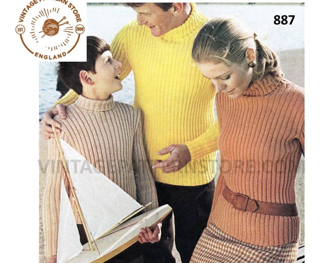 Womens Mens Boys Girls 70s family ribbed skinny rib polo or turtleneck DK raglan sweater jumper pdf knitting pattern 34" to 40" Download 887