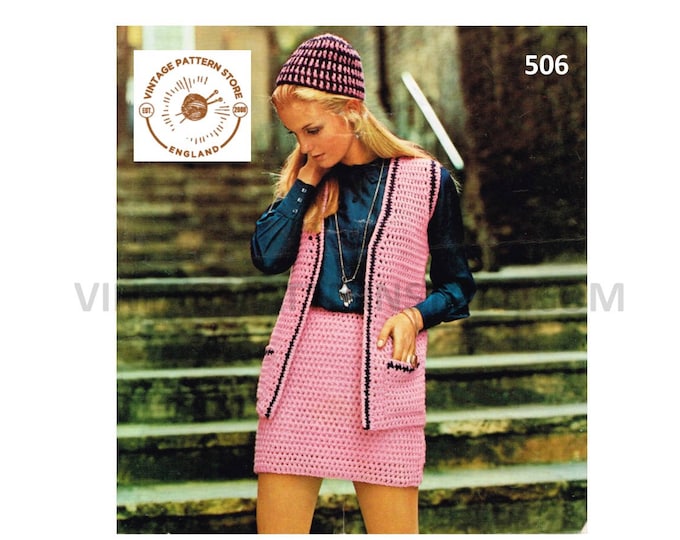 Ladies Womens 70s vintage chunky long line waistcoat cap hat and short skirt pdf crochet pattern 34" to 38" Instant PDF Download 506