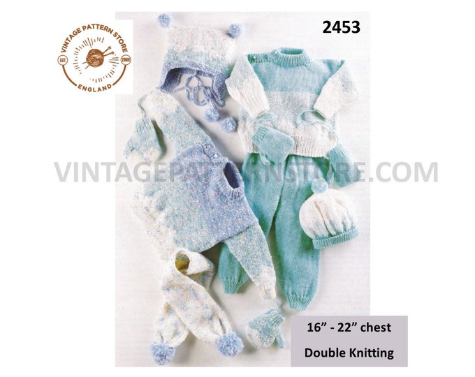 Baby Babies 90s DK pram set with trousers hats mittens scarf and sweater jumper pdf knitting pattern 16" to 22" chest Instant Download 2453
