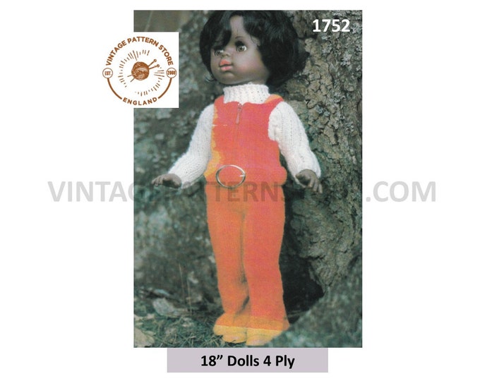 80s vintage 18" 4 ply dolls clothes sweater jumper and dungarees trousers set pdf knitting pattern Instant PDF download 1752