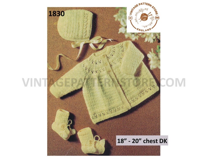 Baby Babies 80s vintage DK lacy layette pram set with matinee coat bonnet & booties bootees pdf knitting pattern 18" to 20" Download 1830