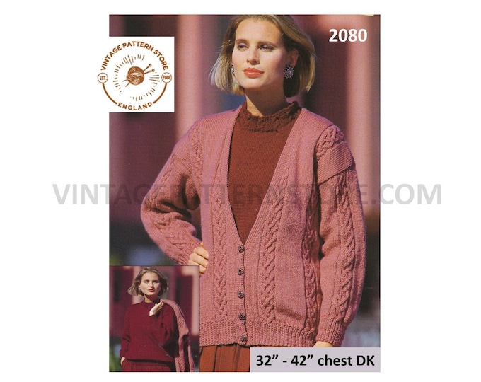 Ladies Womens 90s DK crew neck cable sweater & V neck cabled drop shoulder dolman cardigan pdf knitting pattern 32" to 42" Download 2080