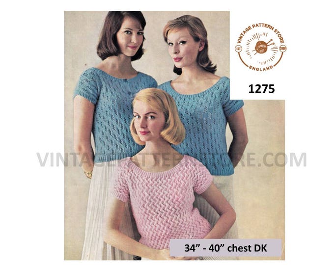 Ladies Womens 60s vintage DK boat neck short sleeve lacy or cable slipover sweater vest blouse pdf knitting pattern 34" to 40" Download 1275