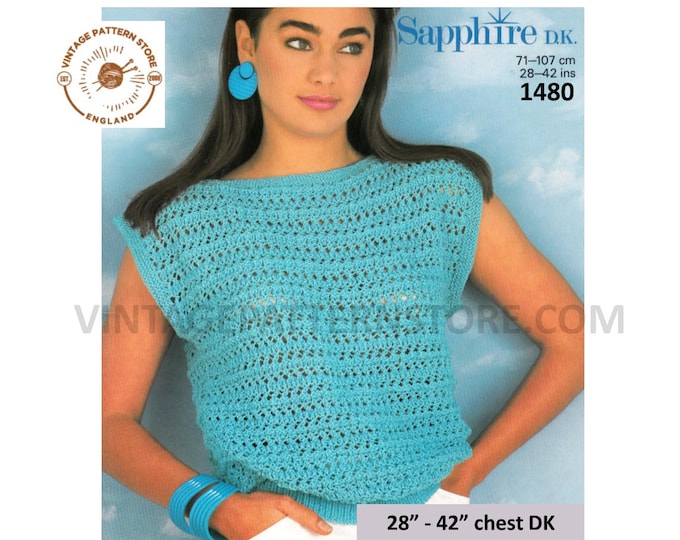 Ladies Womens 90s DK slash neck cap sleeve lacy lace slipover sweater vest Summer top pdf knitting pattern 28" to 42" chest Download 1480